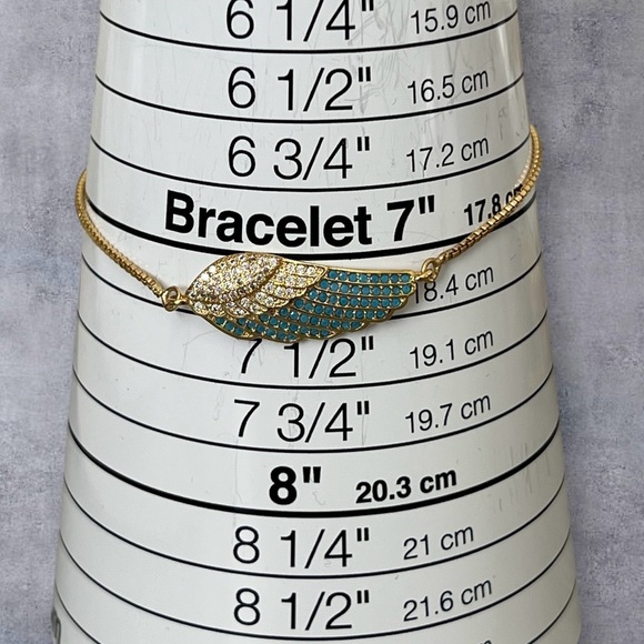 14K GP paved Angel wing Bracelet blue & clear CZ adjustable size - Picture 7 of 7